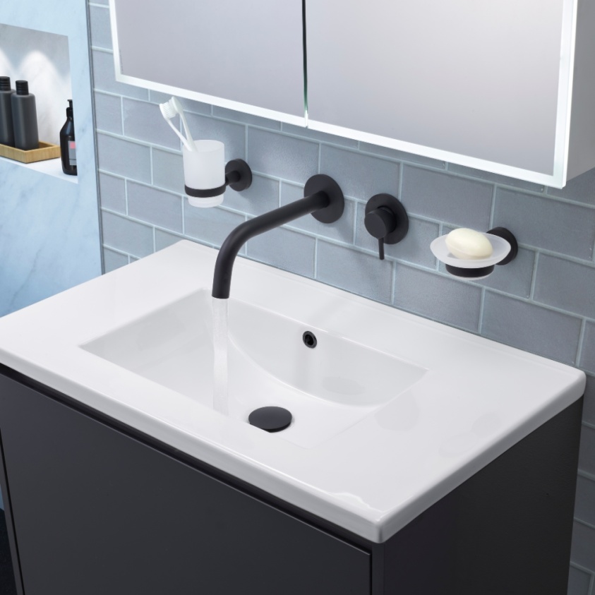 Product Lifestyle image of JTP Vos Matt Black Wall Mounted Slim Basin Mixer